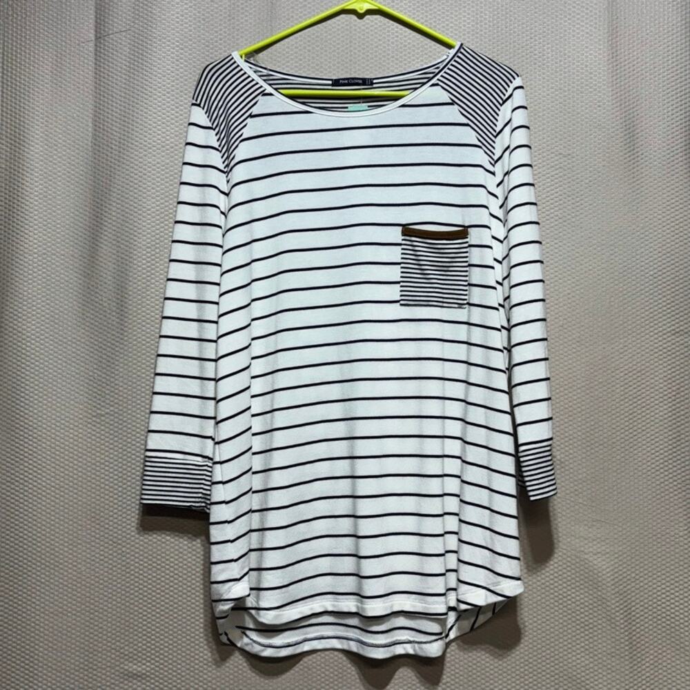 Pink Clover Women's XL Striped Raglan Top NWT White Black Pocket